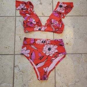 Bar III Red coral color with beautiful floral print bikini.